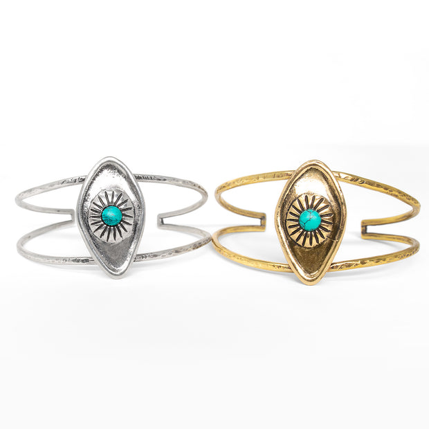 Sterling silver and brass all seeing eye cuff bracelet with turquoise stone