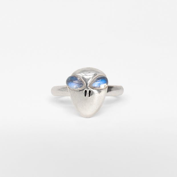 Sterling silver retro alien ring jewelry with moonstone eyes