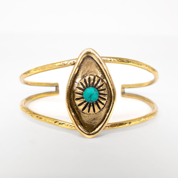 brass all seeing eye cuff bracelet with turquoise stone