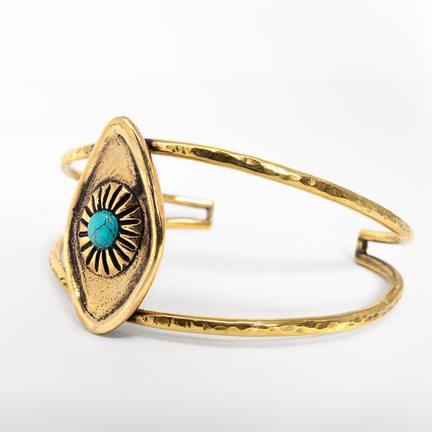 Brass all seeing eye cuff bracelet with turquoise stone